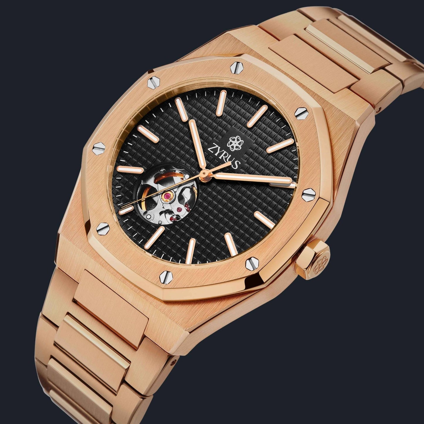 Zyrus Open Heart Watch in rose gold, front view showcasing elegant design and automatic movement.