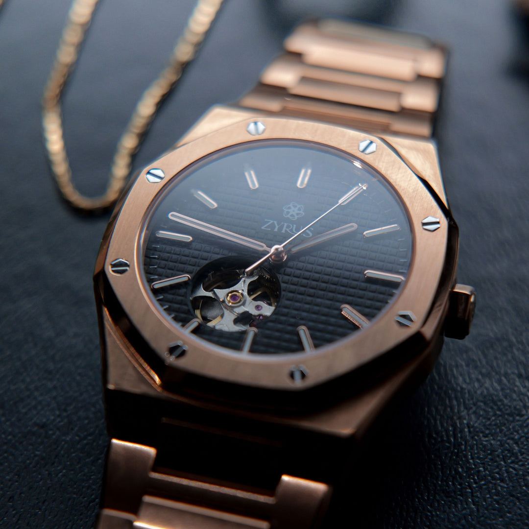 The Zyrus Open Heart watch in rose gold, featuring an elegant case and an open-heart design that reveals the intricate ticking mechanism inside. A perfect blend of sophisticated craftsmanship and luxurious rose gold finish, ideal for a stylish look.